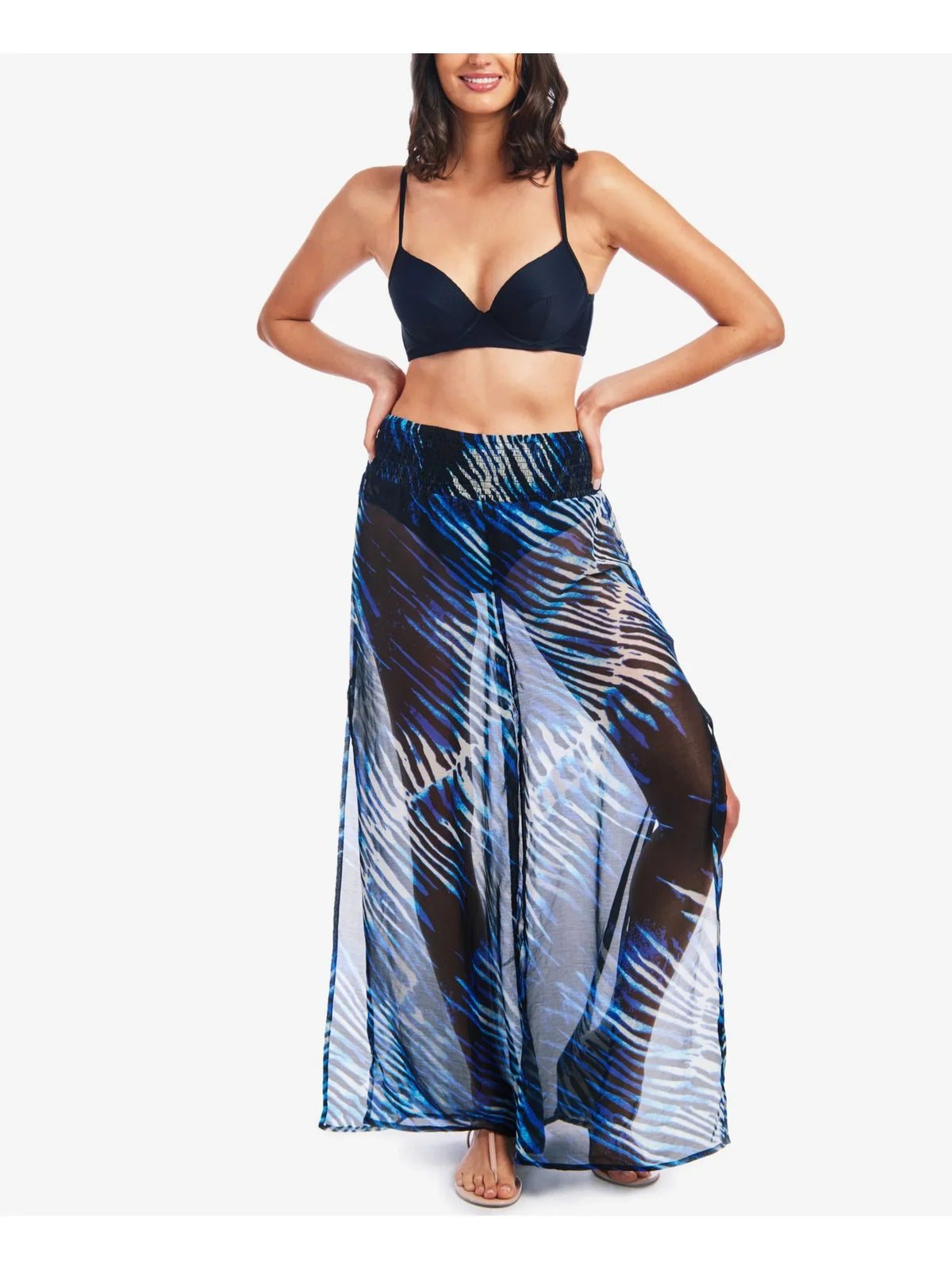 RACHEL RACHEL ROY Women's Navy Zebra Print SHEER CINCHED Swimsuit protector Up L