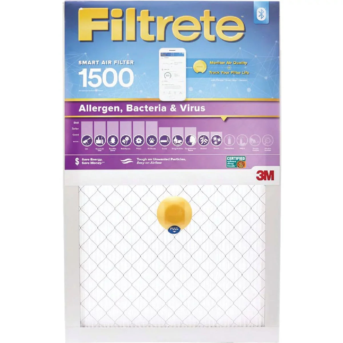 1500 MPR Allergen, Bacteria & Virus Smart Furnace Filter. x 1 In. x 20 In. 1 PK, Filtrete 20 In
