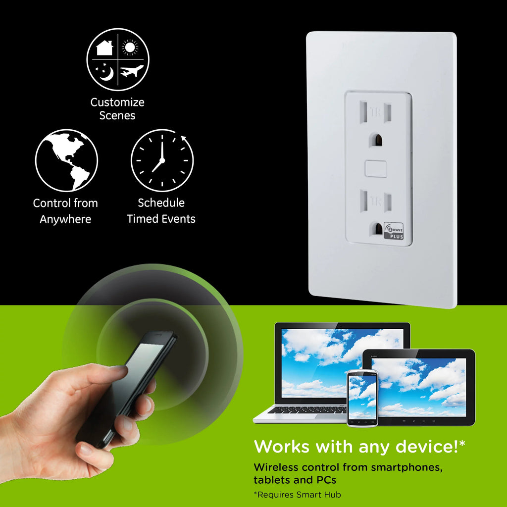Enbrighten Z-Wave Smart Tamper-impervious Outlet, Z-Wave Hub Required, 55256, White
