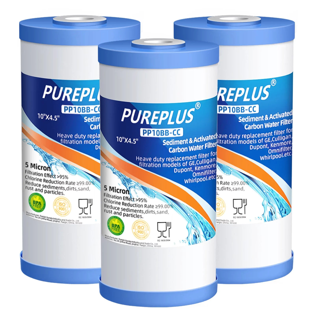 PUREPLUS 5 Micron 10 x 4.5 Whole House Sediment and Carbon moisture Filter Cartridge suitable with GE FXHTC GXWH40L GXWH35F GNWH38S Culligan RFC-BBSA WRC25HD PP10BB-CC Pentek RFC-BB 3Pack