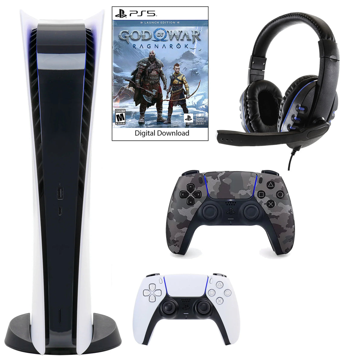PlayStation 5 Digital GOW Console with Extra Gray Camo Dualsense Controller and Universal Headset
