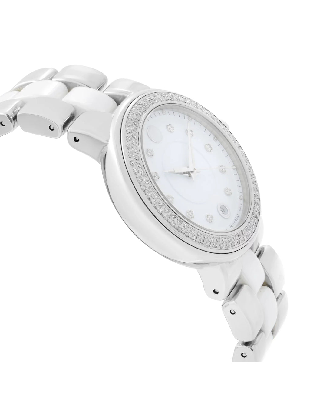 Movado Cerena White Ceramic Steel Diamond Bezel Quartz Ladies Watch 0606625