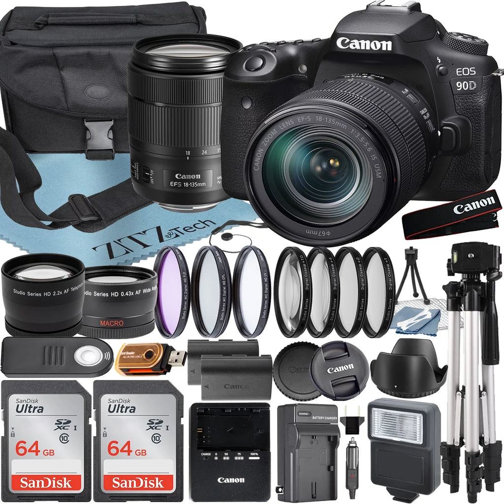 EOS 90D DSLR Camera with 18-135mm IS USM Lens + 2 Pieces SanDisk 64GB Card + Case + Telephoto + Tripod + ZeeTech Accessory Bundle