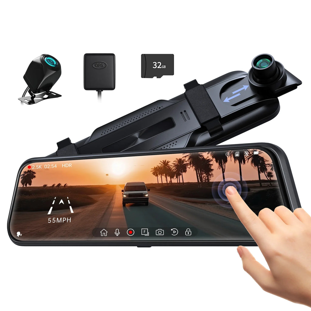Pelsee 10" 2.5K Mirror Dash Cam, Rear View Mirror Camera with Smart Driving Assistant w/ADAS and BSD for Cars&Trucks, 24H Parking Monitor Mode, Night Vision, Voice Control, Free 32GB Card include