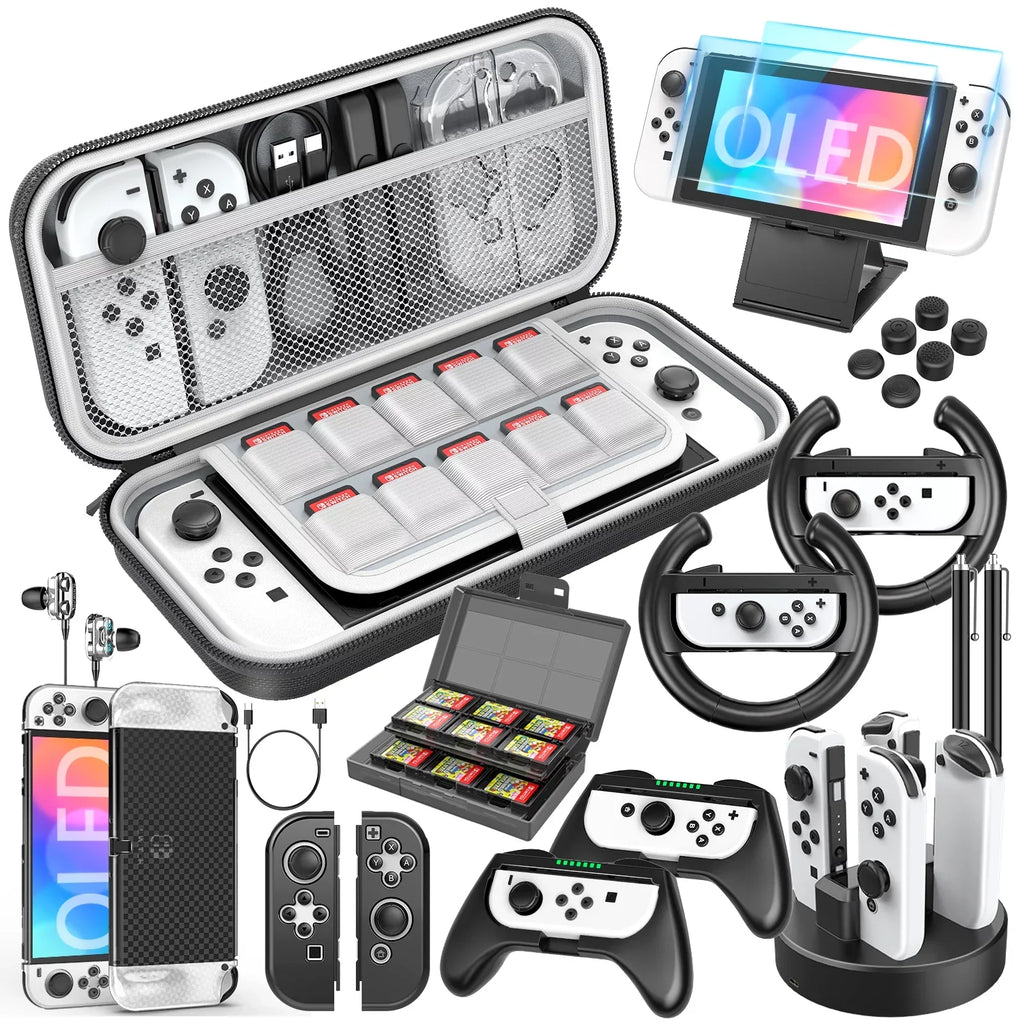 HEYSTOP Switch OLED Accessories for Nintendo Switch OLED Case Bundle,27 in 1 Carry Case for Switch OLED with Protective wrap,Grip wrap,Screen Protector,Game Cards Case,Grip Charge Dock, Black