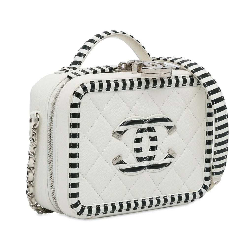 Pre-Owned Authenticated Chanel Small Caviar CC Filigree Vanity Bag Leather White Unisex (Like New)