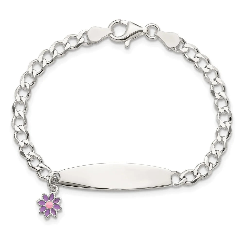 Auriga 925 Sterling Silver Polished Enameled Flower ID Bracelet 6inch for Women