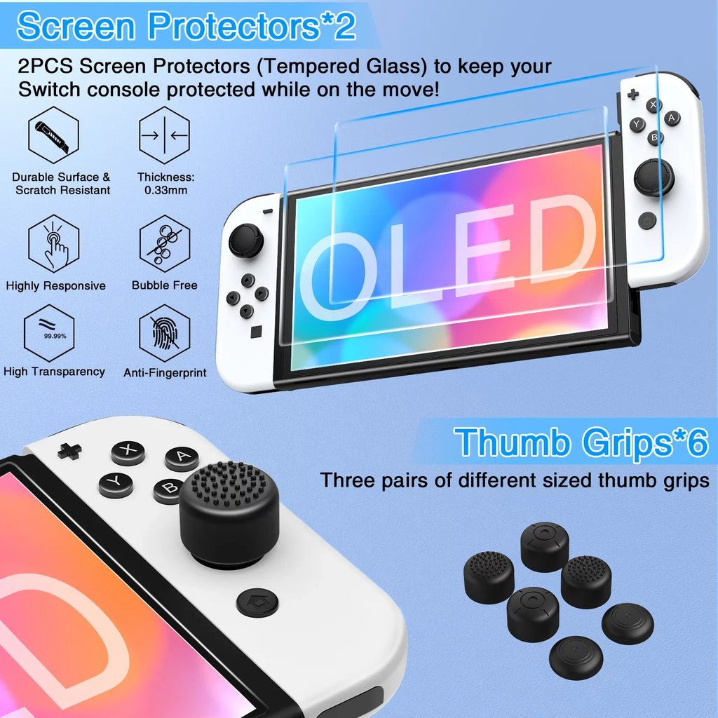 HEYSTOP Switch OLED Accessories for Nintendo Switch OLED Case Bundle,27 in 1 Carry Case for Switch OLED with Protective wrap,Grip wrap,Screen Protector,Game Cards Case,Grip Charge Dock, Black
