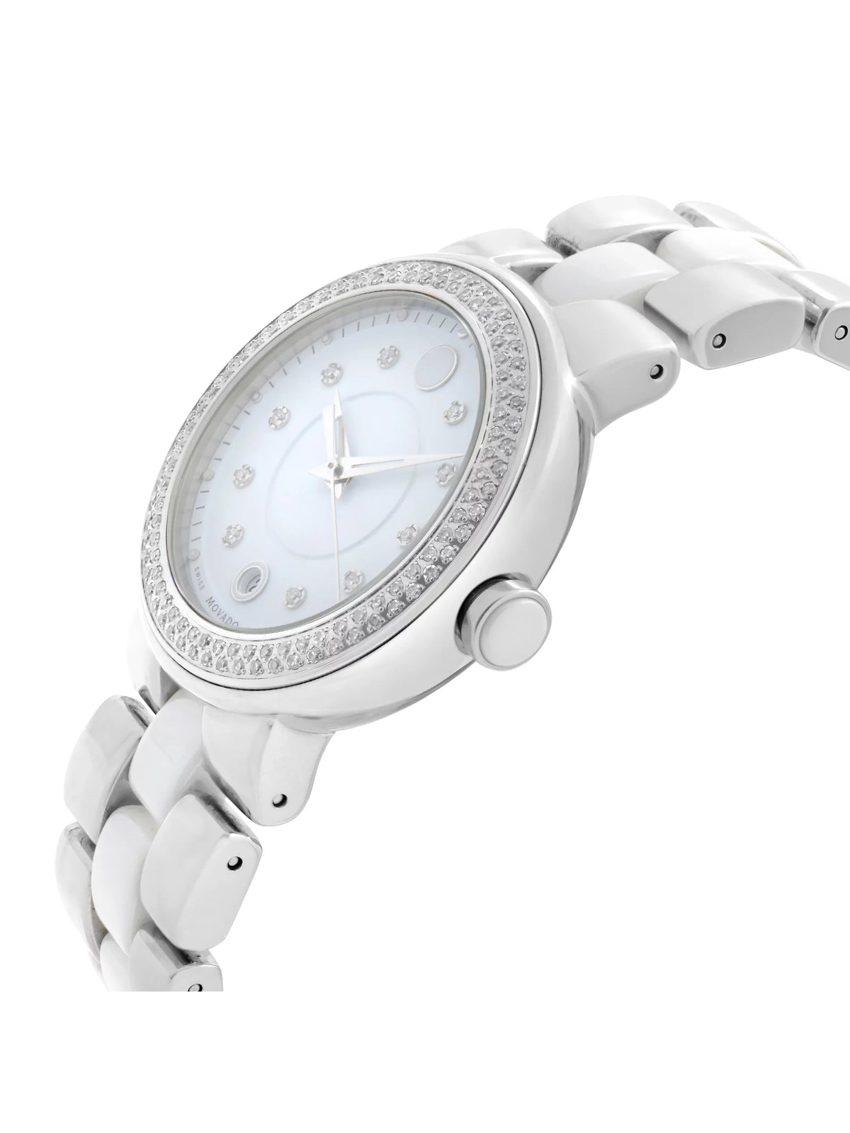 Movado Cerena White Ceramic Steel Diamond Bezel Quartz Ladies Watch 0606625