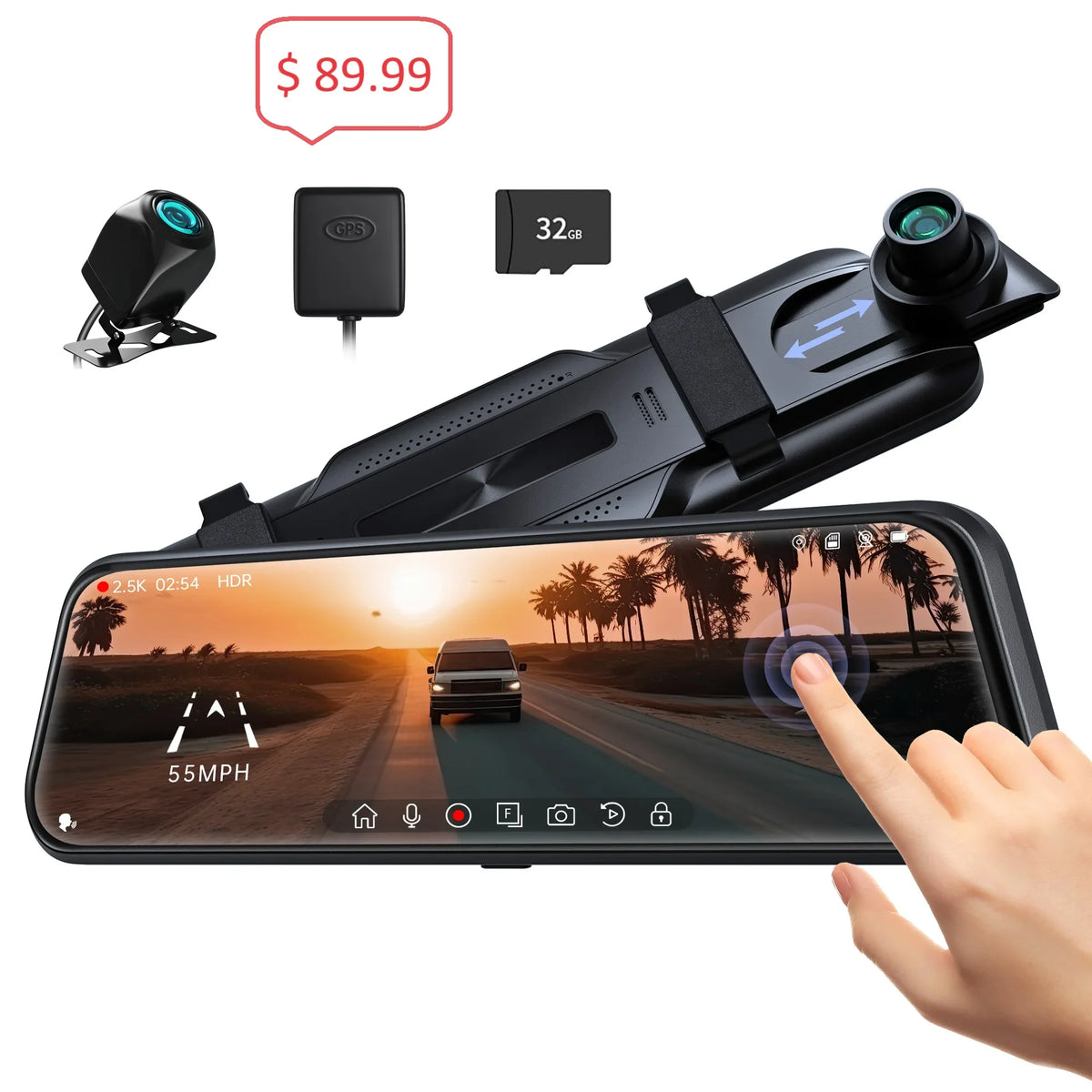 Pelsee 10" 2.5K Mirror Dash Cam, Rear View Mirror Camera with Smart Driving Assistant w/ADAS and BSD for Cars&Trucks, 24H Parking Monitor Mode, Night Vision, Voice Control, Free 32GB Card include