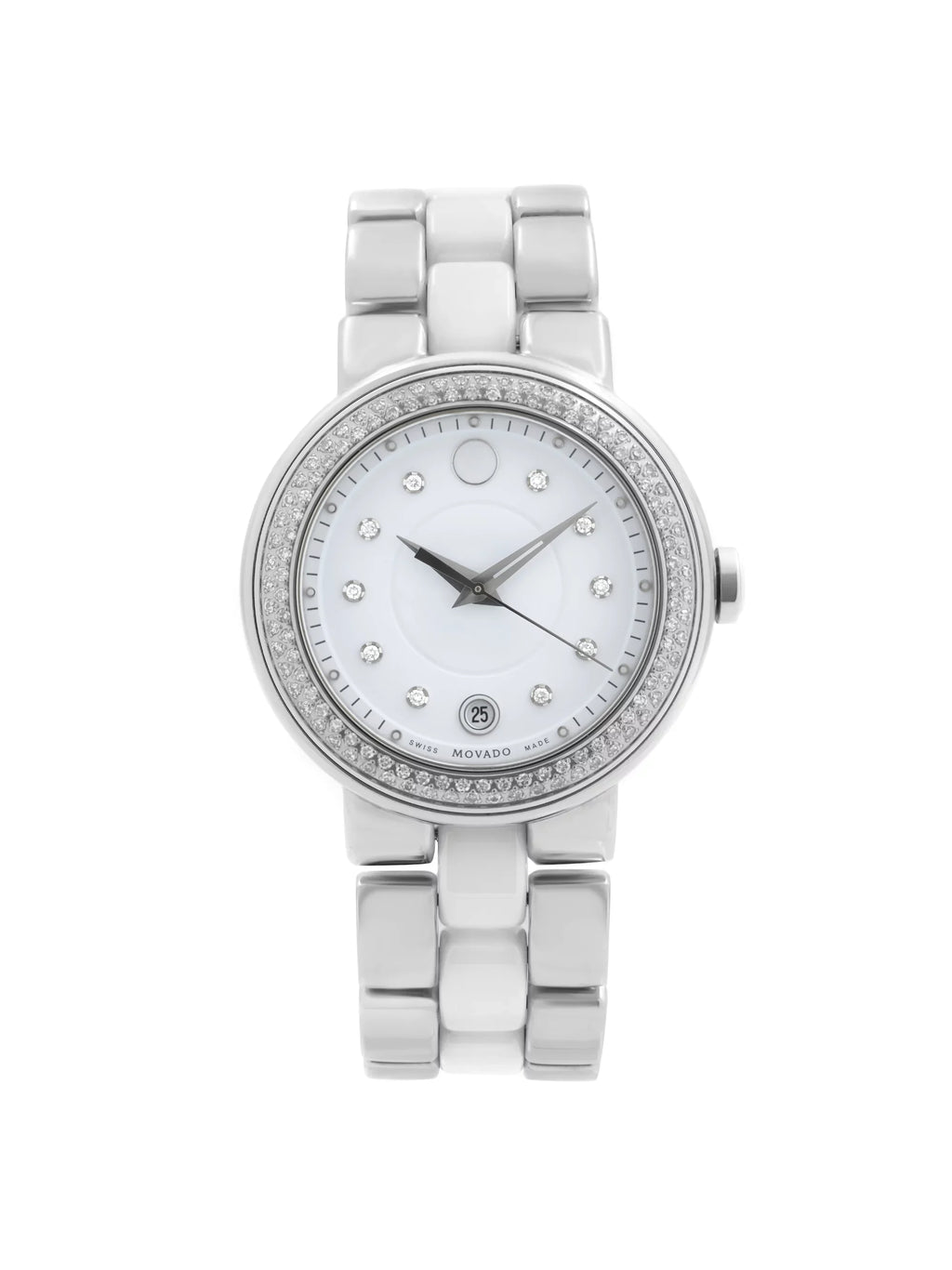 Movado Cerena White Ceramic Steel Diamond Bezel Quartz Ladies Watch 0606625
