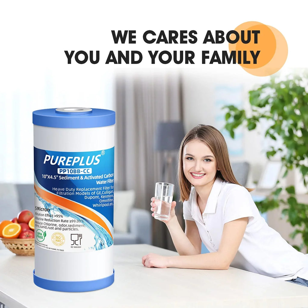 PUREPLUS 5 Micron 10 x 4.5 Whole House Sediment and Carbon moisture Filter Cartridge suitable with GE FXHTC GXWH40L GXWH35F GNWH38S Culligan RFC-BBSA WRC25HD PP10BB-CC Pentek RFC-BB 3Pack