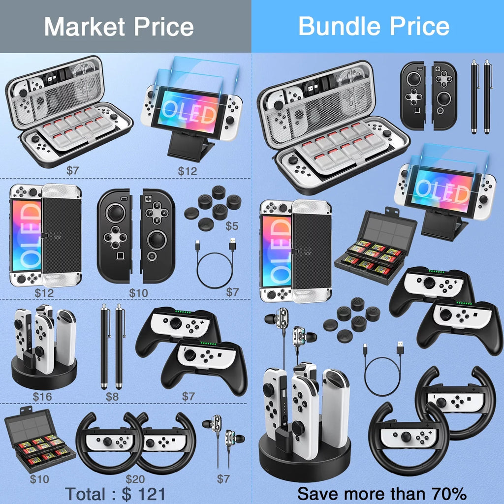 HEYSTOP Switch OLED Accessories for Nintendo Switch OLED Case Bundle,27 in 1 Carry Case for Switch OLED with Protective wrap,Grip wrap,Screen Protector,Game Cards Case,Grip Charge Dock, Black