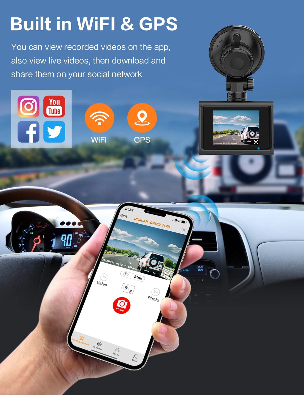Ricilar Front 4K Rear 2K Full Hd Car Dash Camera with Built in Wifi, Gps, Ultra Hd 2" Ips Screen, 170° and 140° Wide Angle Camera, Wdr, Night Vision, Gravity Sensor, 24 Hour Parking Mode