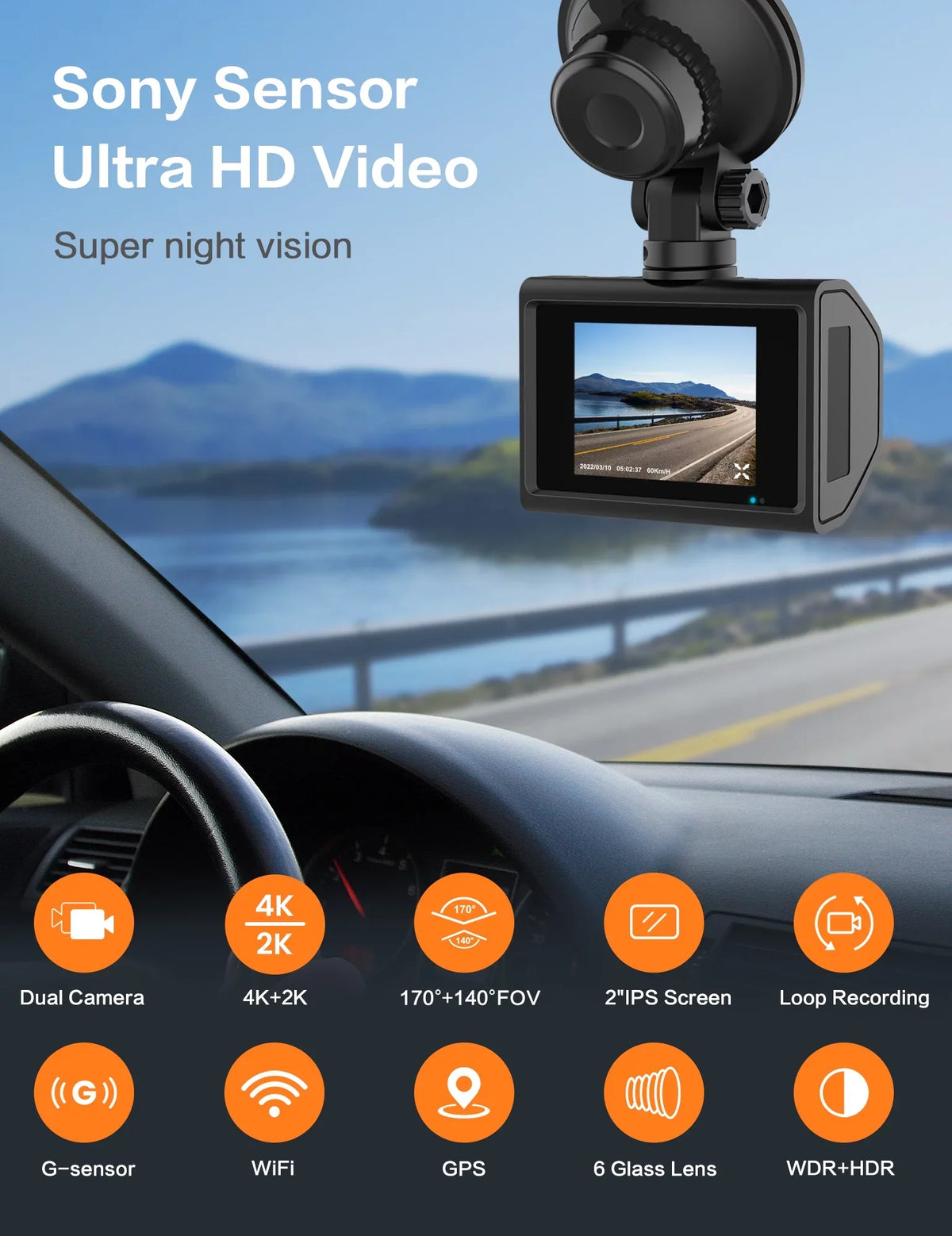 Ricilar Front 4K Rear 2K Full Hd Car Dash Camera with Built in Wifi, Gps, Ultra Hd 2" Ips Screen, 170° and 140° Wide Angle Camera, Wdr, Night Vision, Gravity Sensor, 24 Hour Parking Mode