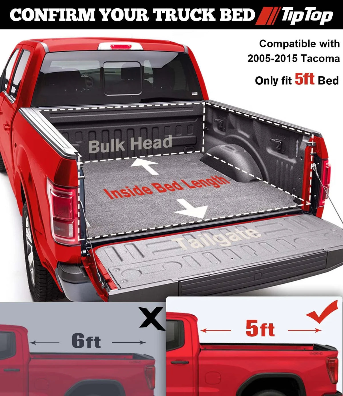 TIPTOP Tri-Fold Hard Tonneau protector Truck Bed FRP On Top For 2005-2015 Tacoma 5ft Bed (60.3") | TPM3 |For Models With or Without The Deck Rail System|