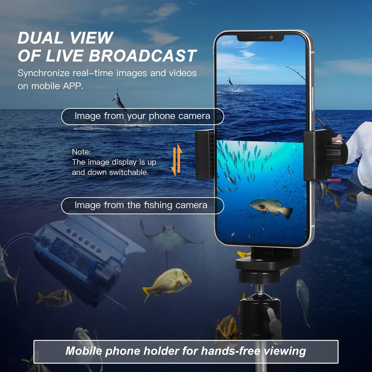 Carevas 1080P Underwater Fishing Camera with APP Control Fishing Live Video Camera Fish Finder with 50M Cable Mobile Phone Holder Bait Cage Carry Case for Ice Lake Sea vessel Kayak Fishing