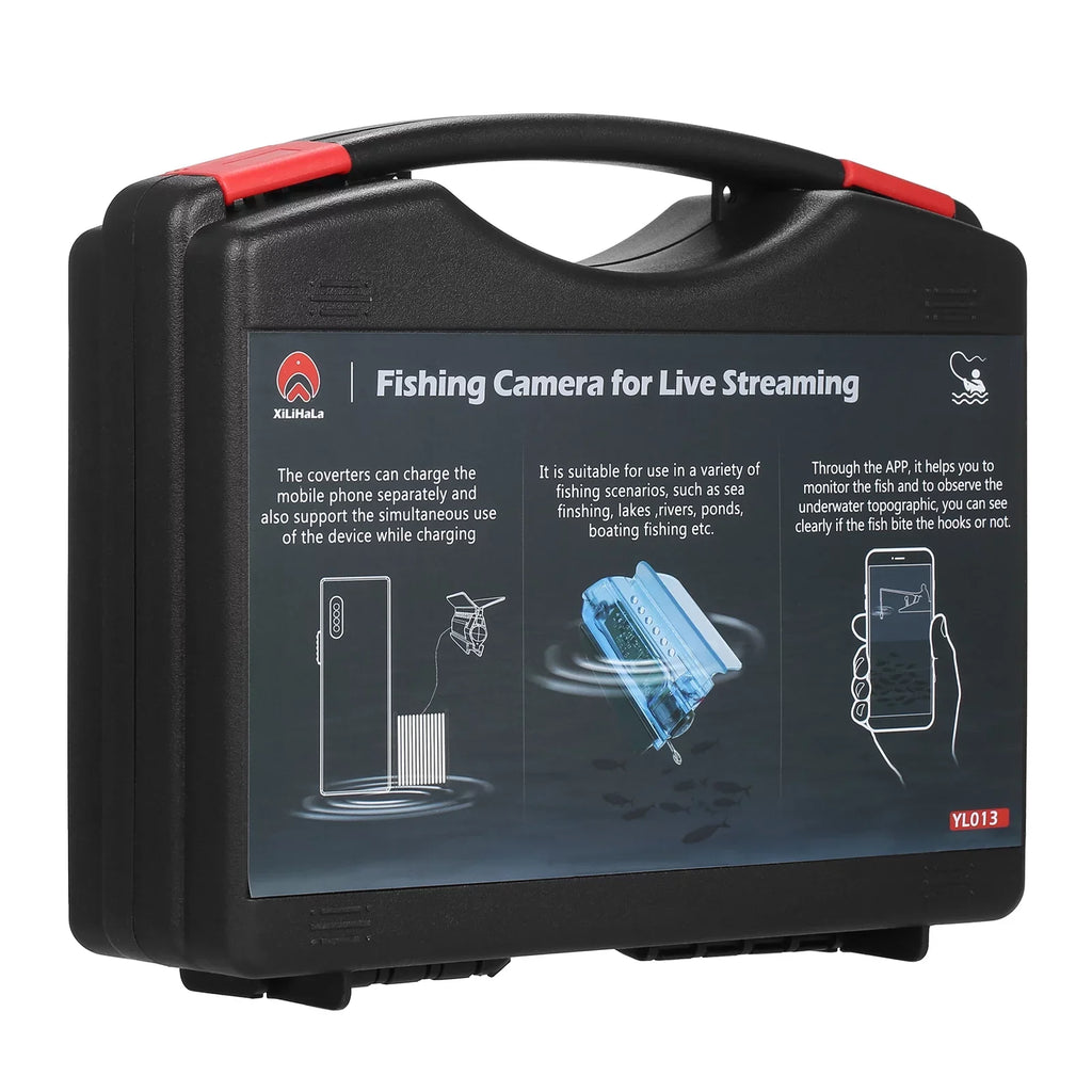 Carevas 1080P Underwater Fishing Camera with APP Control Fishing Live Video Camera Fish Finder with 50M Cable Mobile Phone Holder Bait Cage Carry Case for Ice Lake Sea vessel Kayak Fishing