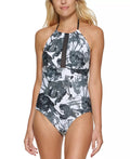 Calvin Klein BLACK MULTI Abstract Halterneck One-Piece Swimsuit, US 14