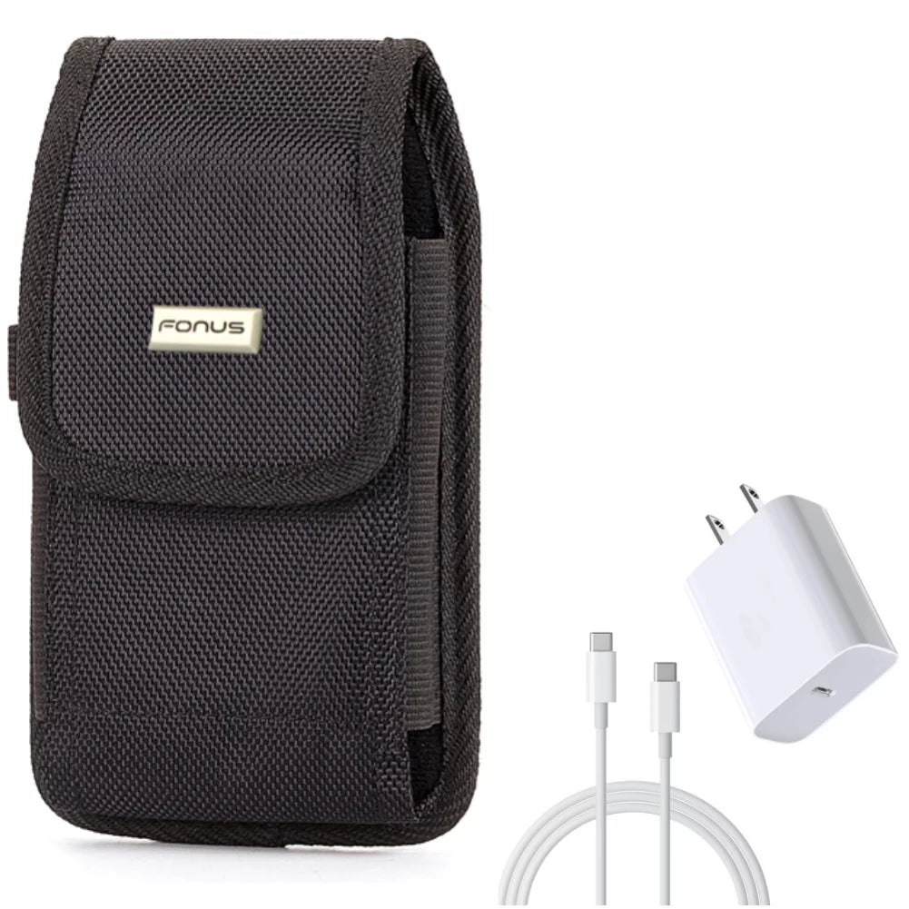 6ft USB-C Cable PD Type-C 18W Fast Home Charger w Holster Rugged Case Belt Clip for Nokia X100, G10 G300 - Nubia RedMagic 5S - OnePlus 7T, 6T, 8, 6, 9, Nord N200 5G N100 N10 5G, Pro, UW
