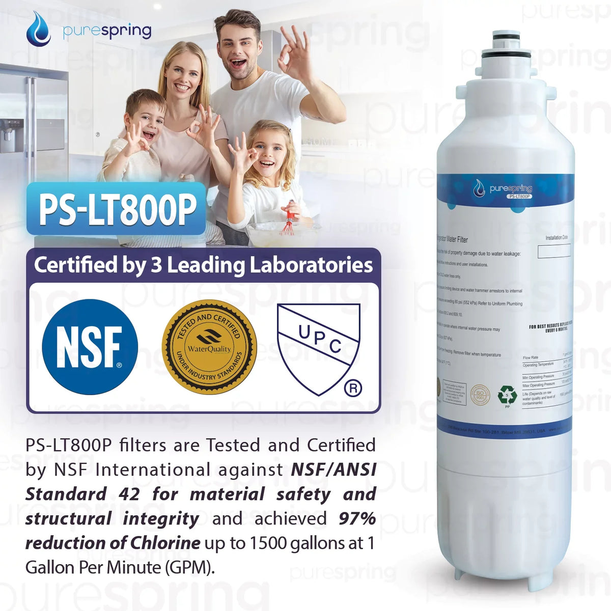 PureSpring NSF 42 Certified Refrigerator moisture Filter, appropriate with  LT800P, LT800PC, ADQ73613401, ADQ73613402, ADQ73613403, Kenmore 9490, 46-9490, 469490 (1 Pack)