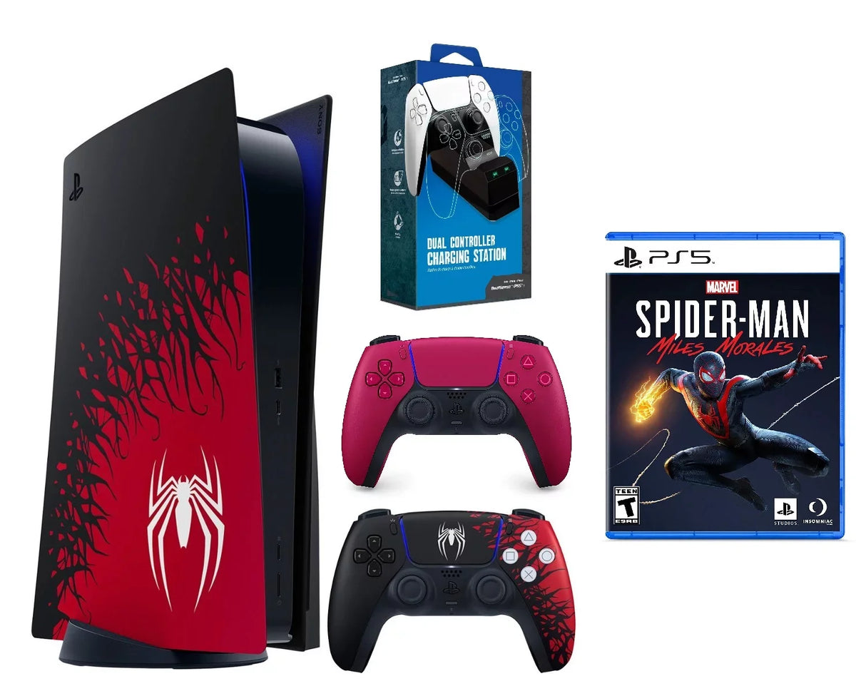 PlayStation 5 Console – Marvel’s Spider-Man 2 Bundle With DualSense Red Controller, Miles Morales Game, & Dual Charger