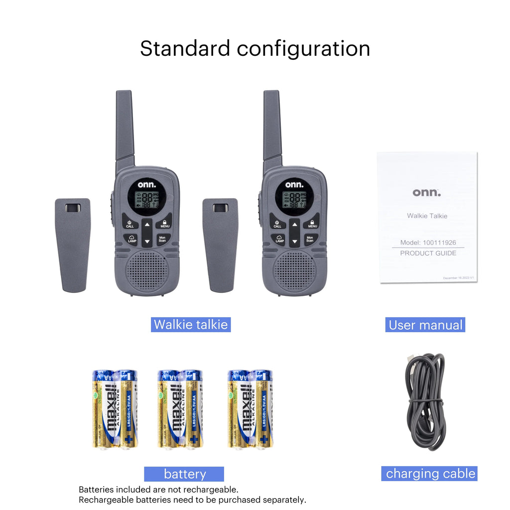 16 Miles Walkie Talkies 2 pack  with Two Way Radios, LED Light, 121 privacy Channels. Onn