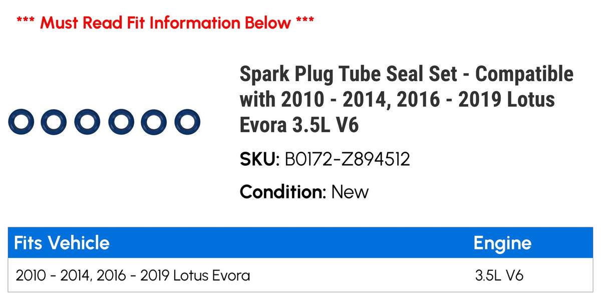 Spark Plug Tube Seal Set - appropriate with 2010 - 2014, 2016 - 2019 Lotus Evora 3.5L V6 2011 2012 2013 2017 2018
