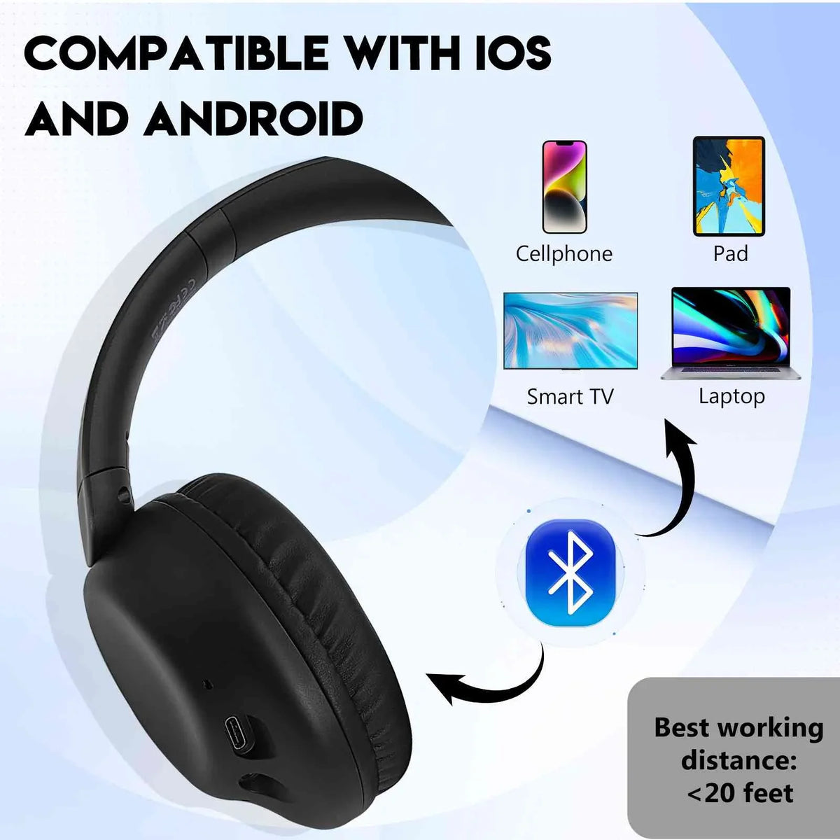 UrbanX UX991 Wireless Bluetooth Stereo Earphones High Resolution Audio Deep Bass Superior Comfort Over The Ear Headphones with Mic for HTC Desire 20+ phone Call Support