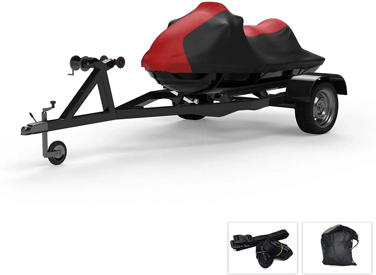 Weatherproof Jet Ski Covers for Yamaha EXR 2020 - RED/Black Color - All climate - Trailerable - Protects from Rain, Sun, UV Rays, and More! Includes Trailer Straps and Storage Bag