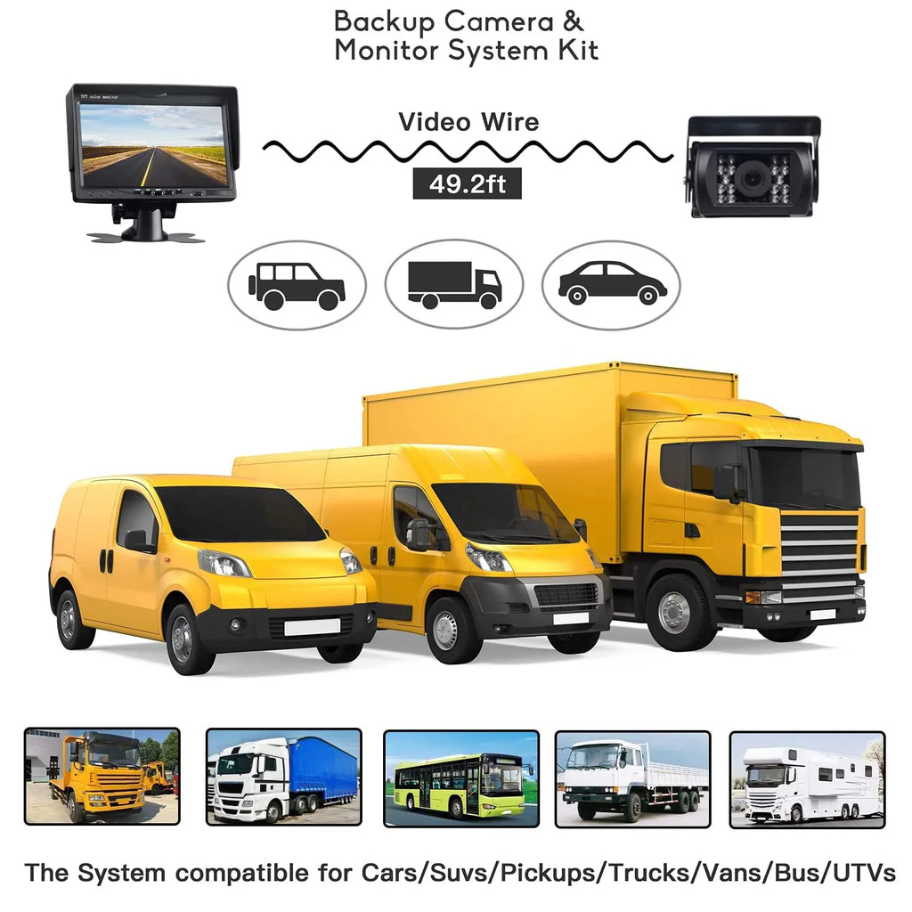 Car Reversing Camera Kit 7" TFT LCD Monitor 12V-24V Night Vision Waterproof RearView  Backup Camera