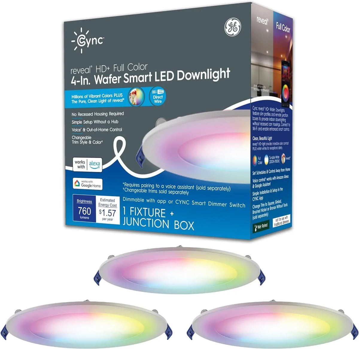 YGDU CYNC Reveal HD+ Wafer Smart LED Downlight Fixture, Full Color Changing Lights, and LED Lights, 13 Watts, Works with Amazon Alexa and , 4 Inches (3 Pack)