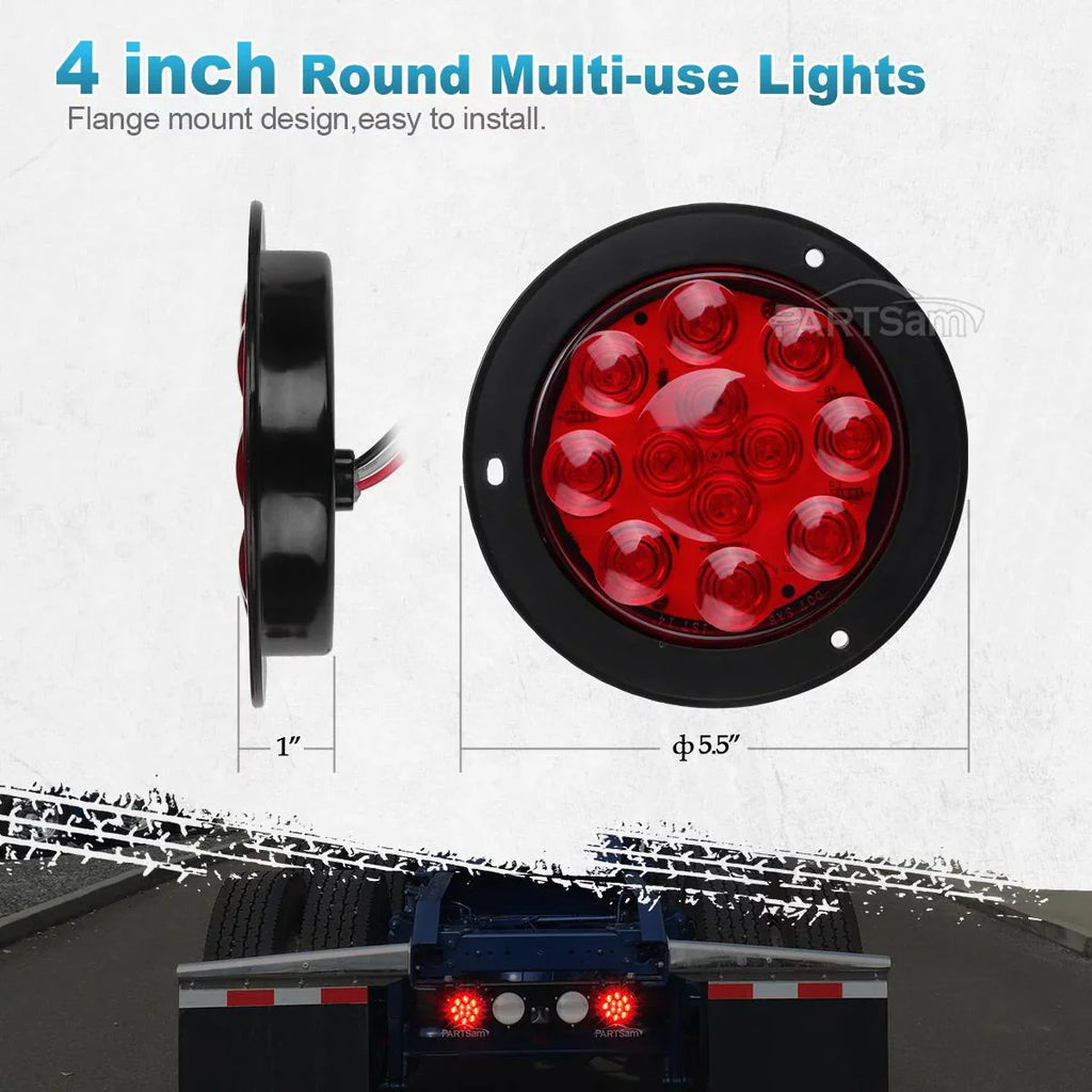 Partsam 2PCS 4" Red Stop Turn Tail Brake Truck Trailer Light 12 Diodes Utility