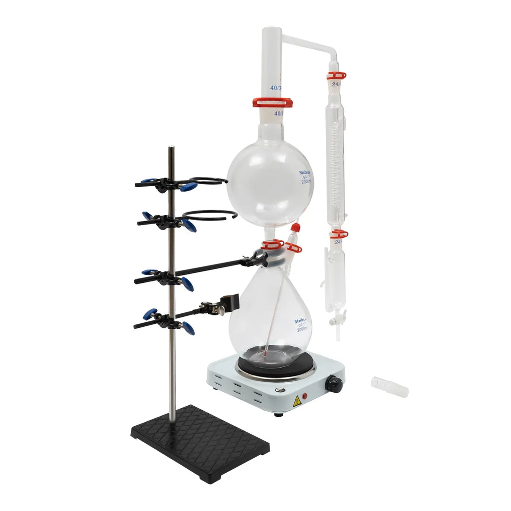 Miumaeov 2000ML Essential Oil Distillation Apparatus with Condenser + Hot Stove + Essential Oil Separator Lab Glass Distillation Kit Steam aqua Distiller Purifier