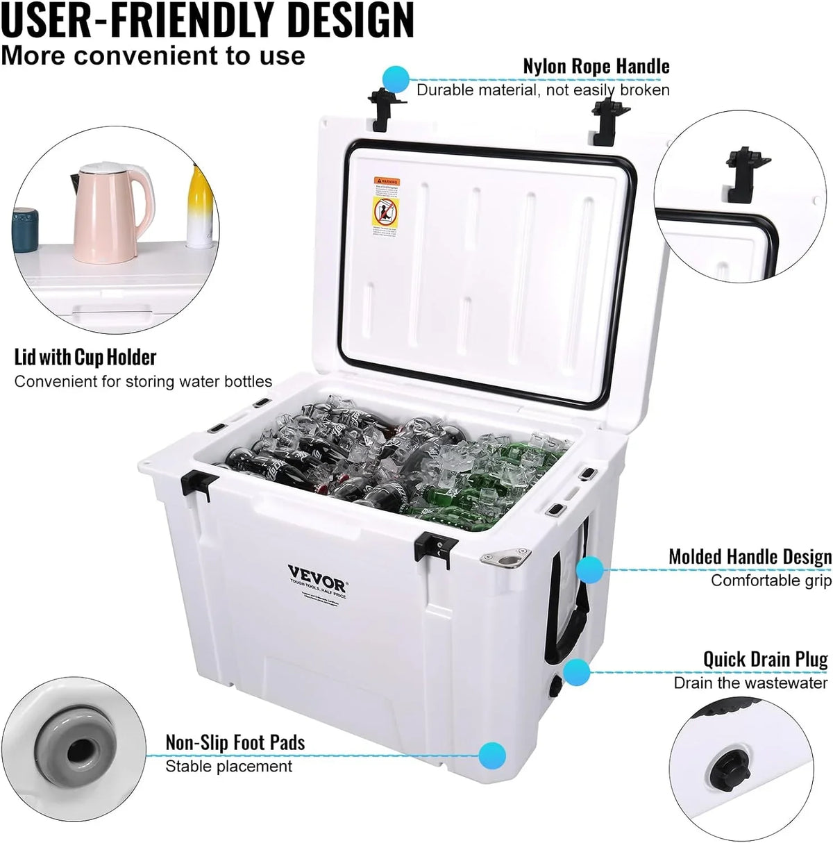 HAOFEI Insulated Portable Rotomolded Hard Cooler, 25/33/45/65 qt, Ice Retention Cooler with Heavy Duty Handle, Ice Chest Lunch Box for Camping, Travel, Outdoor, Keeps Ice for up to 6 Days