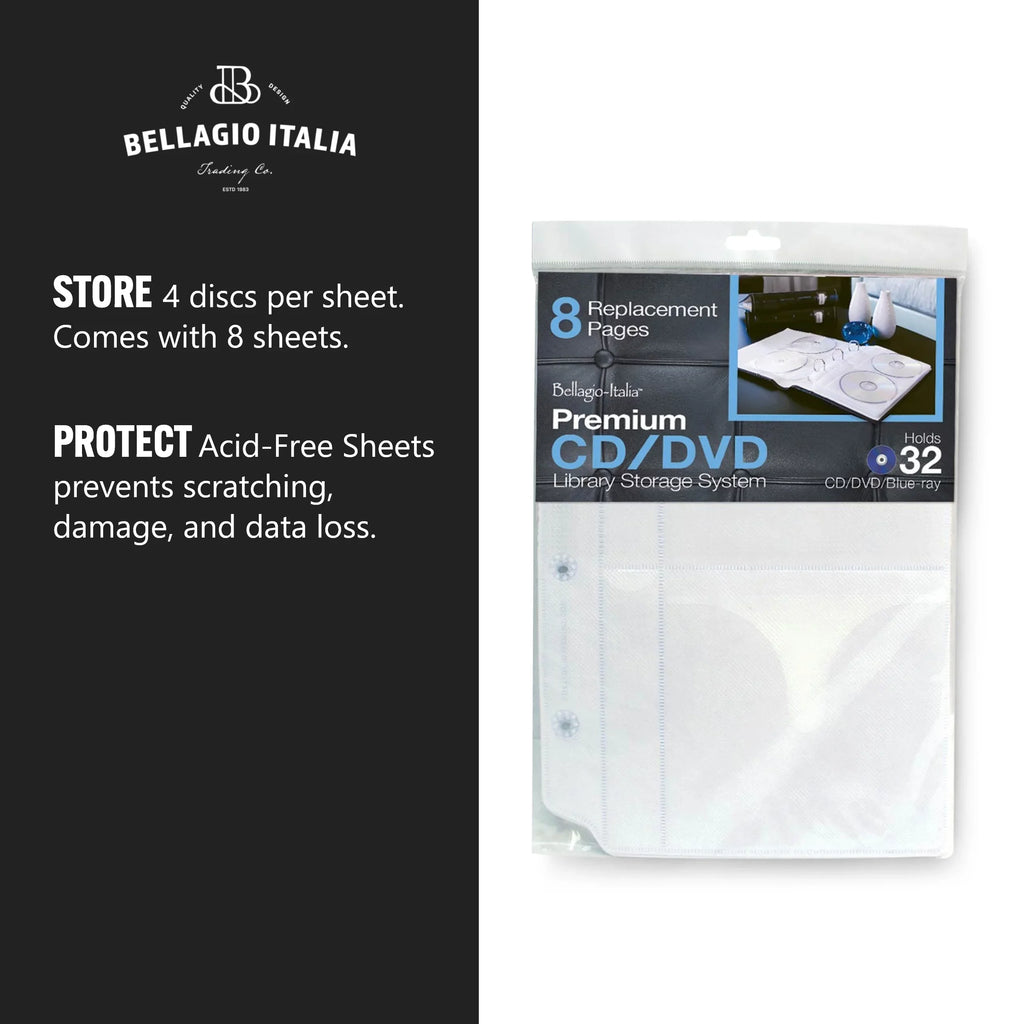 Bellagio-Italia Insert Sheets for CD/DVD Storage Binder - Holds DVDs, CDs, Blu-Rays & Video Games - Acid-Free Binder Organizer Sheets - 48 Sheets - 6 Pack