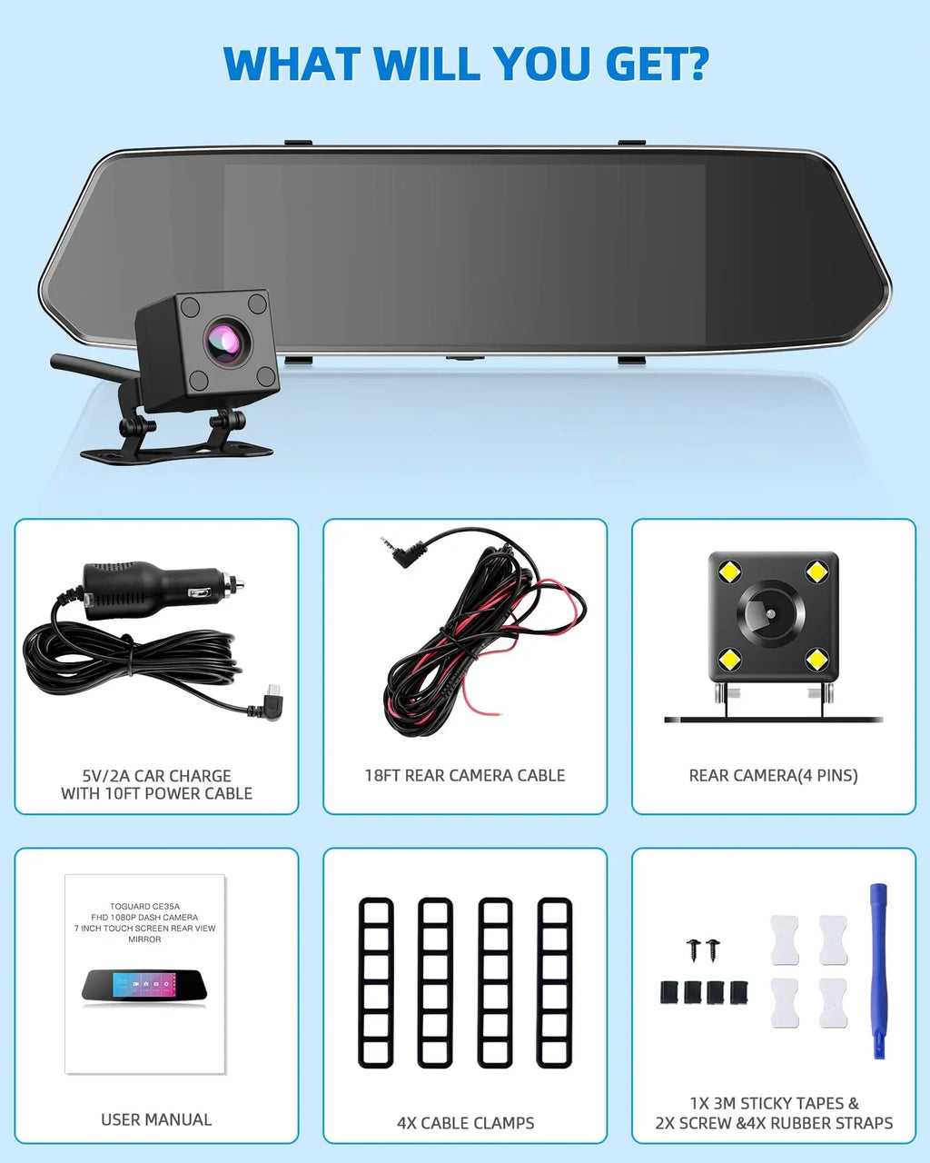Dash Camera 1080P Mirror Dual Dash Cam Front and Rear, TOGUARD 7" IPS Touch Screen, Infrared Night Vision, Motion Detection, G-Sensor