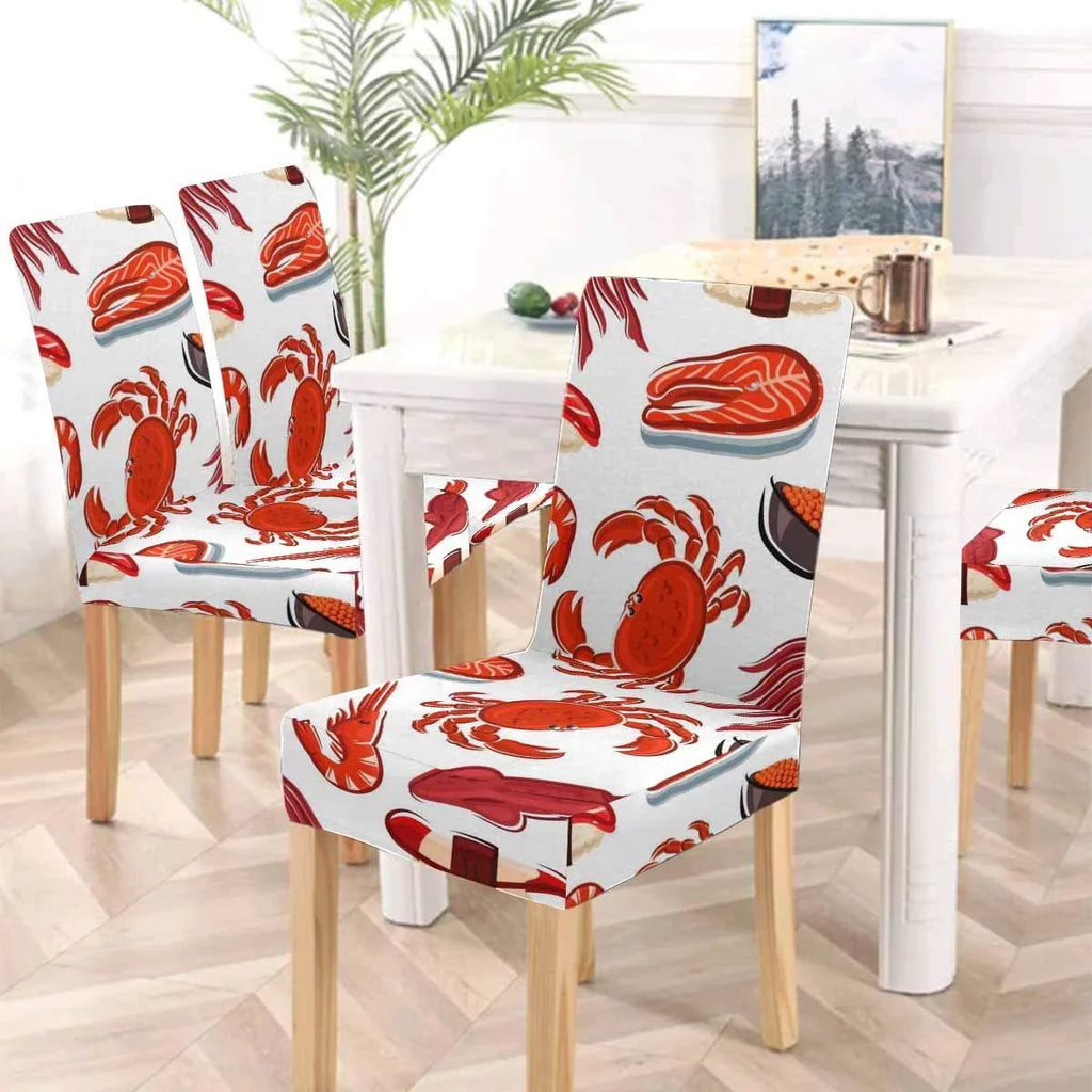 FMSHPON Salmon Steaks Shrimps Crabs Squids Sushi Stretch Chair wrap Protector Seat Slipcover for Dining Room Hotel Wedding Party Set of 4