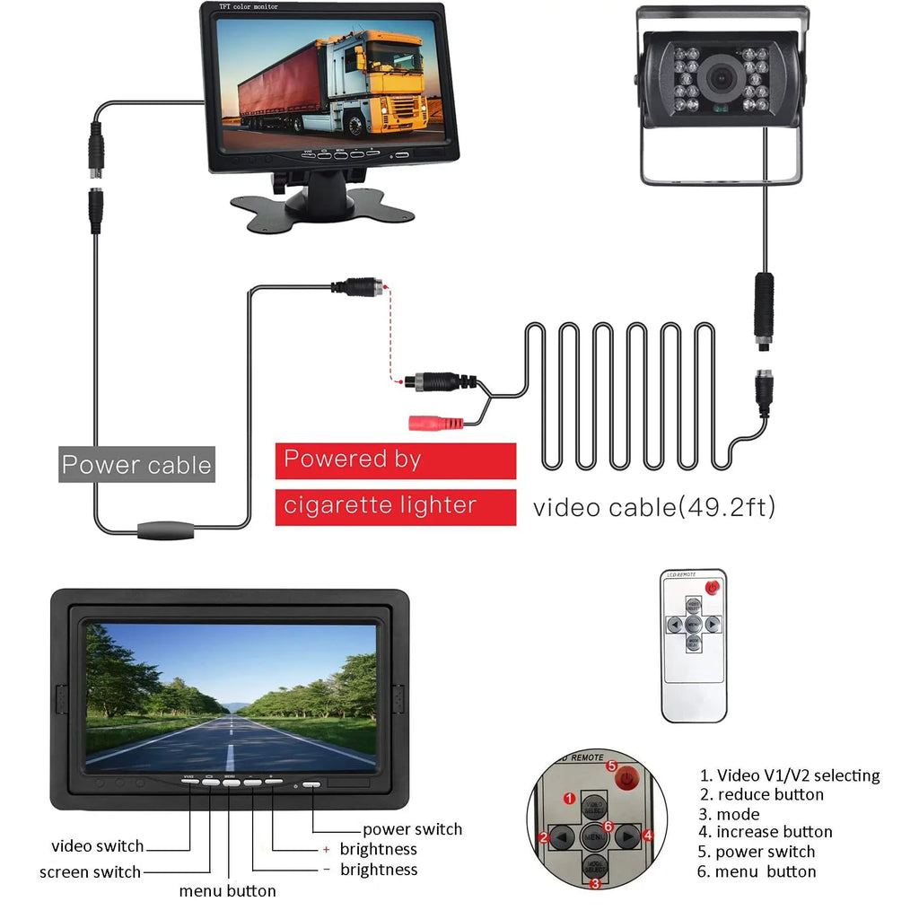 Car Reversing Camera Kit 7" TFT LCD Monitor 12V-24V Night Vision Waterproof RearView  Backup Camera