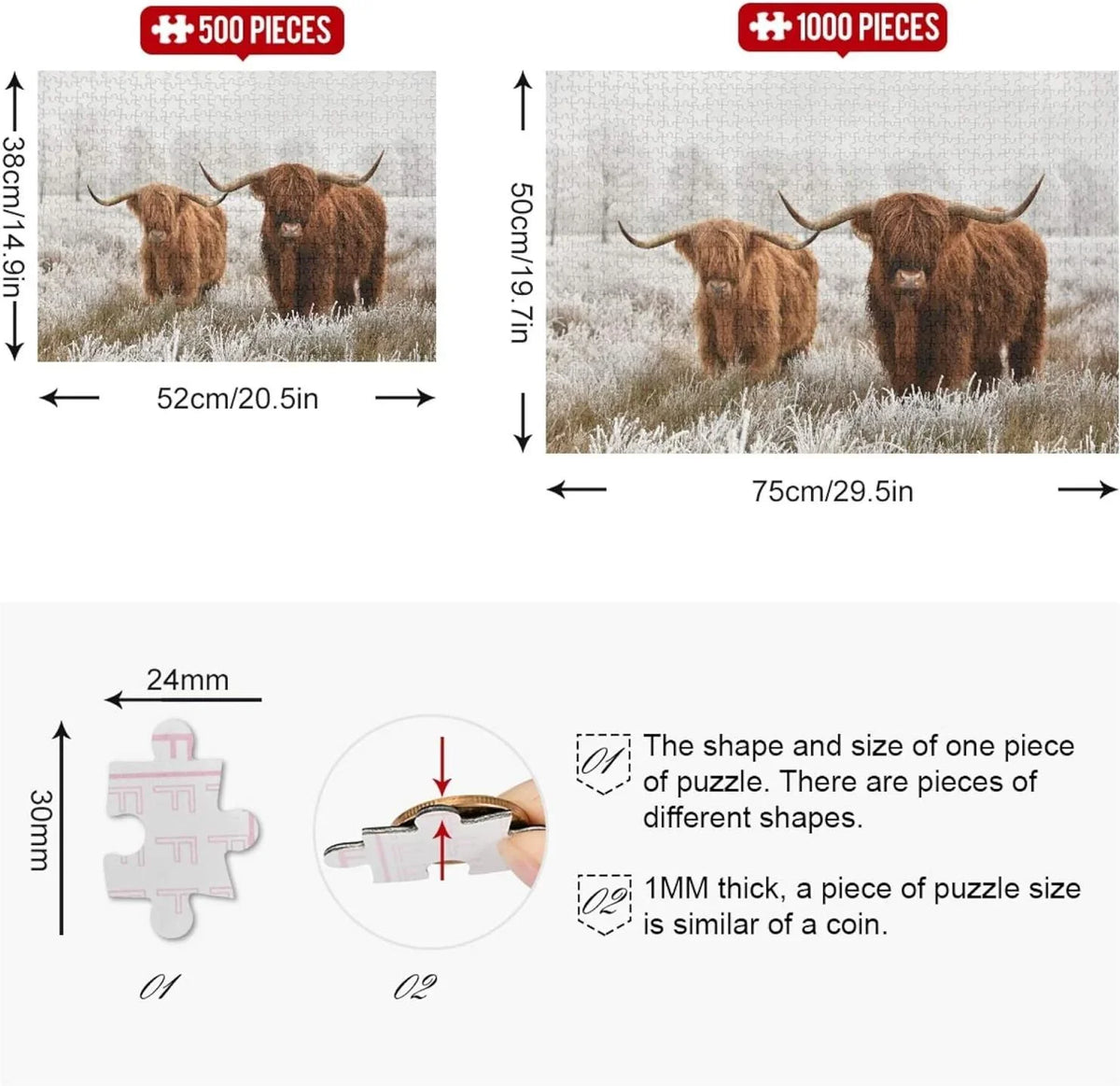 Scottish Highland Cow Jigsaw Puzzle 500 Pieces Wooden Jigsaw Puzzles for Adults, Fun Challenging Brain Exercise Family Game Creative Gift for Friends Parents Grandparents