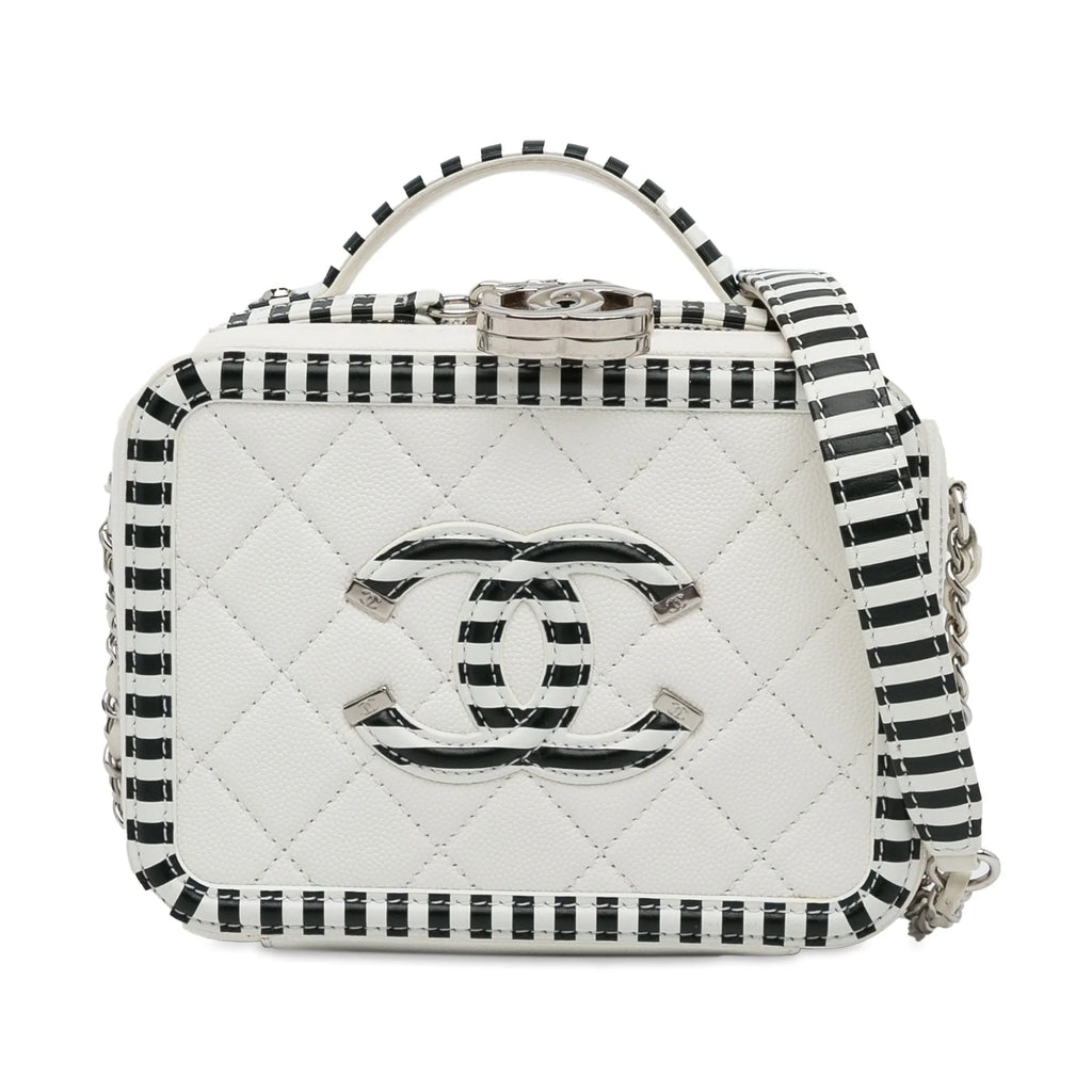 Pre-Owned Authenticated Chanel Small Caviar CC Filigree Vanity Bag Leather White Unisex (Like New)
