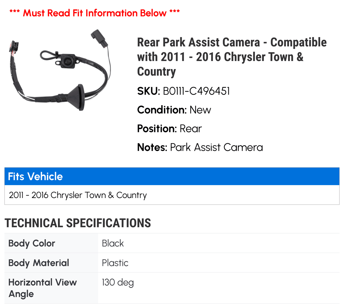Rear Park Assist Camera - appropriate with 2011 - 2016 Chrysler Town & Country 2012 2013 2014 2015