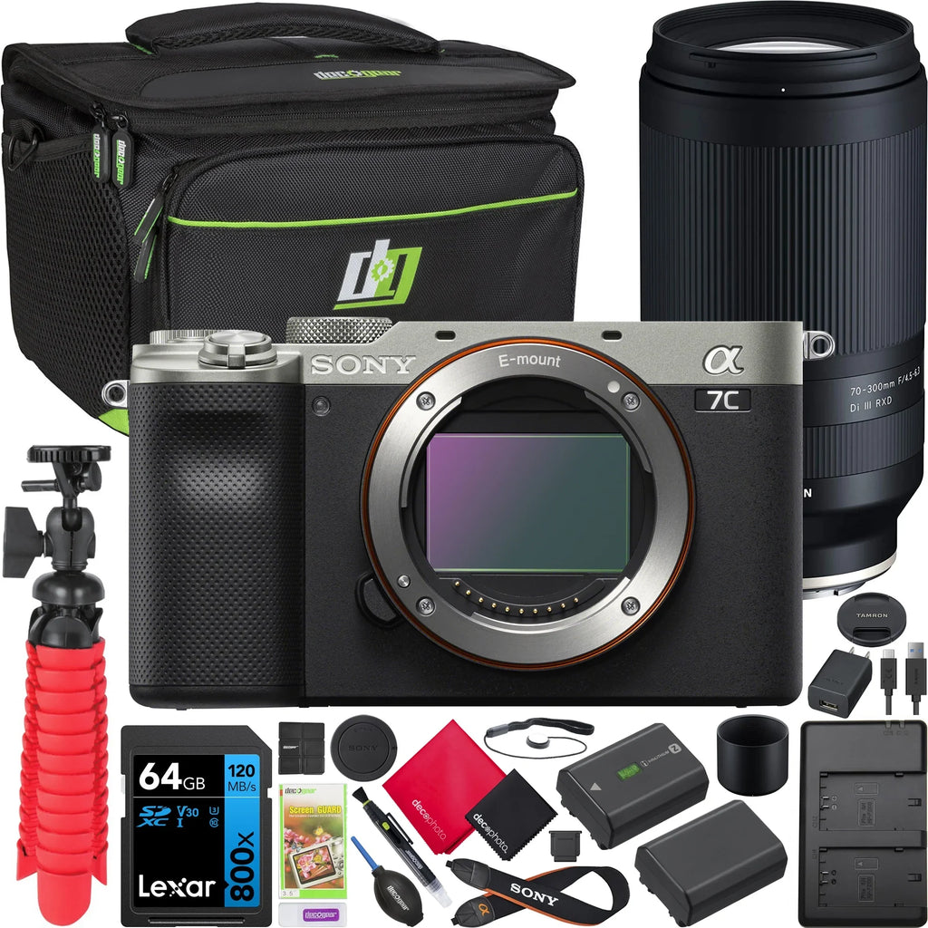 a7C Mirrorless Full Frame Camera Body Silver ILCE-7C/S Bundle with Tamron 70-300mm F4.5-6.3 Di III RXD Lens A047 + Deco Gear Bag + Extra Battery &Dual Charger+ 64GB Card+ Tripod &Kit Accessories
