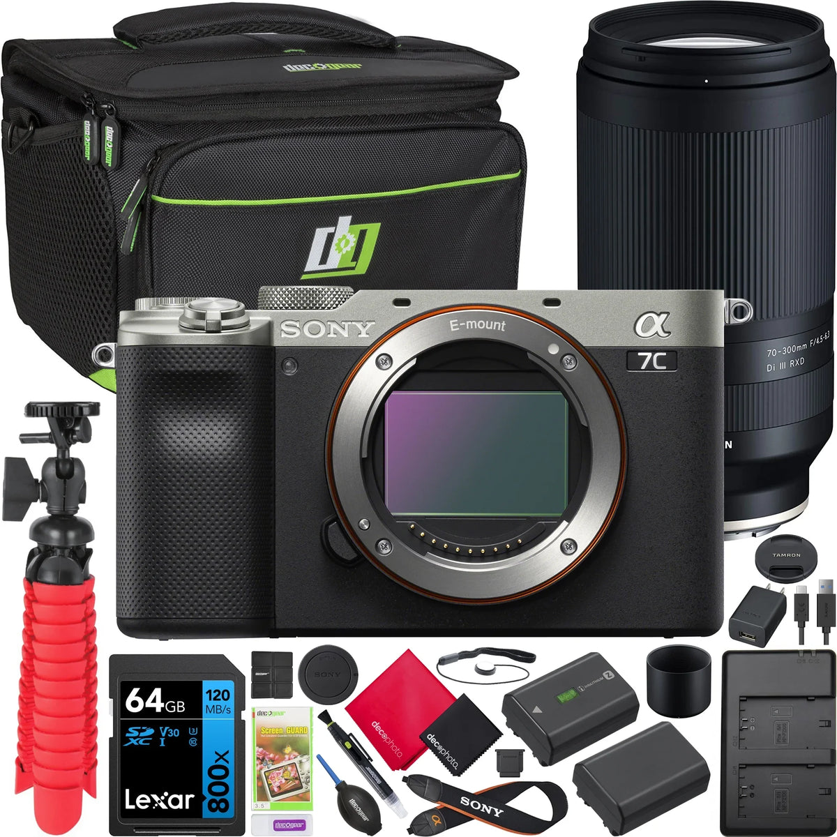 a7C Mirrorless Full Frame Camera Body Silver ILCE-7C/S Bundle with Tamron 70-300mm F4.5-6.3 Di III RXD Lens A047 + Deco Gear Bag + Extra Battery &Dual Charger+ 64GB Card+ Tripod &Kit Accessories