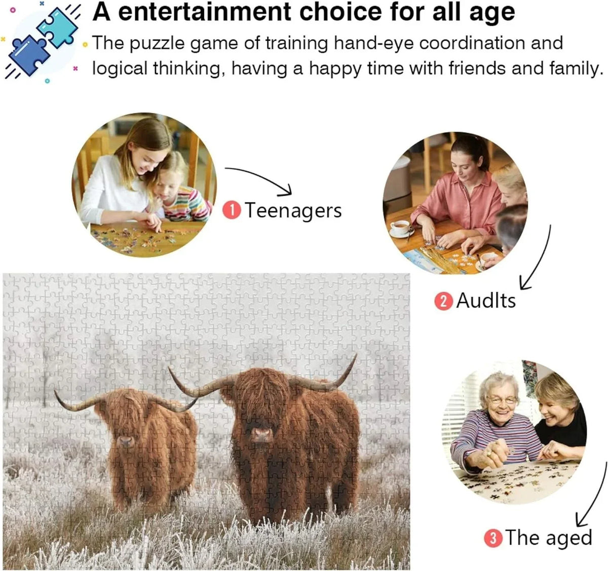 Scottish Highland Cow Jigsaw Puzzle 500 Pieces Wooden Jigsaw Puzzles for Adults, Fun Challenging Brain Exercise Family Game Creative Gift for Friends Parents Grandparents