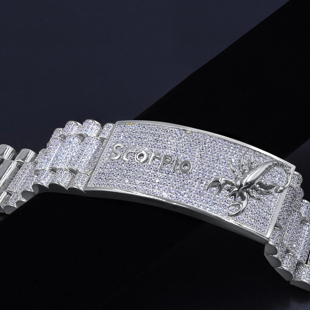 Zodiac Sign Scorpio 14K White Gold Finish Simulated Diamonds Mens Link Bracelet 8.5''