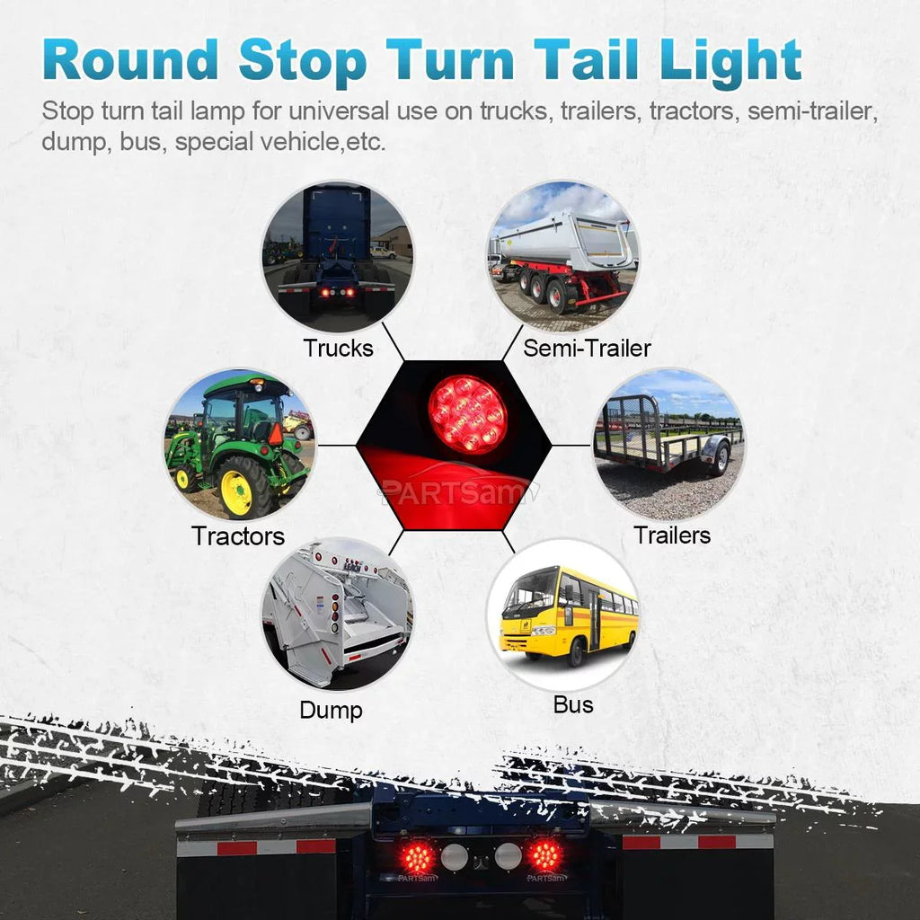 Partsam 2PCS 4" Red Stop Turn Tail Brake Truck Trailer Light 12 Diodes Utility