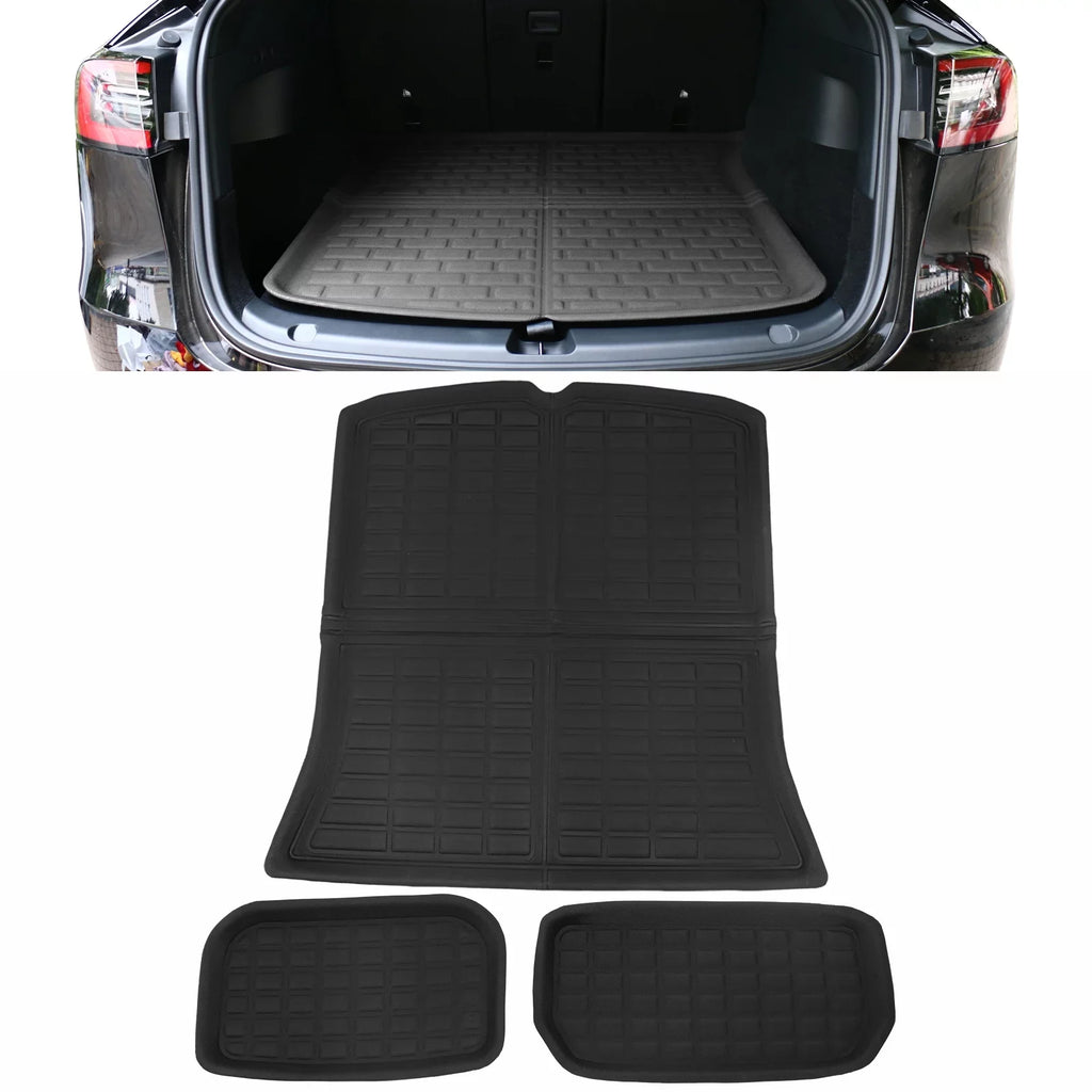 Ikon Motorsports Trunk Mats Cargo Liner suitable with 2020-2023 Tesla Model Y, Black TPE 3D Molded Waterproof Anti-Slip Frunk Trunk Under Cargo Storage Liner Mat Interior Accessories 3PCS