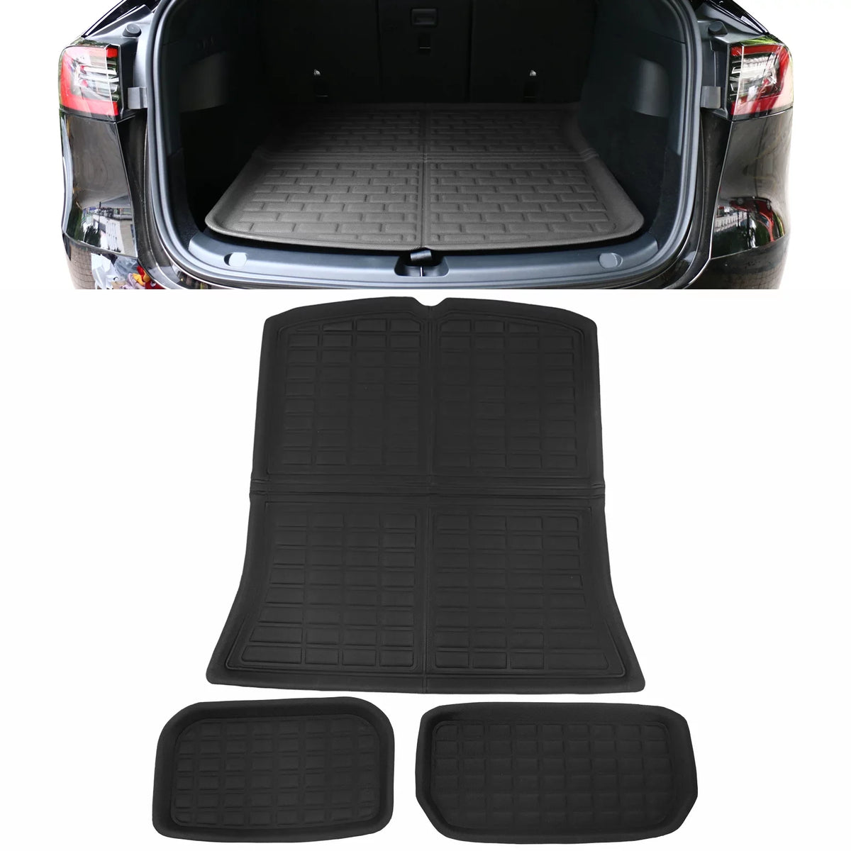 Ikon Motorsports Trunk Mats Cargo Liner suitable with 2020-2023 Tesla Model Y, Black TPE 3D Molded Waterproof Anti-Slip Frunk Trunk Under Cargo Storage Liner Mat Interior Accessories 3PCS