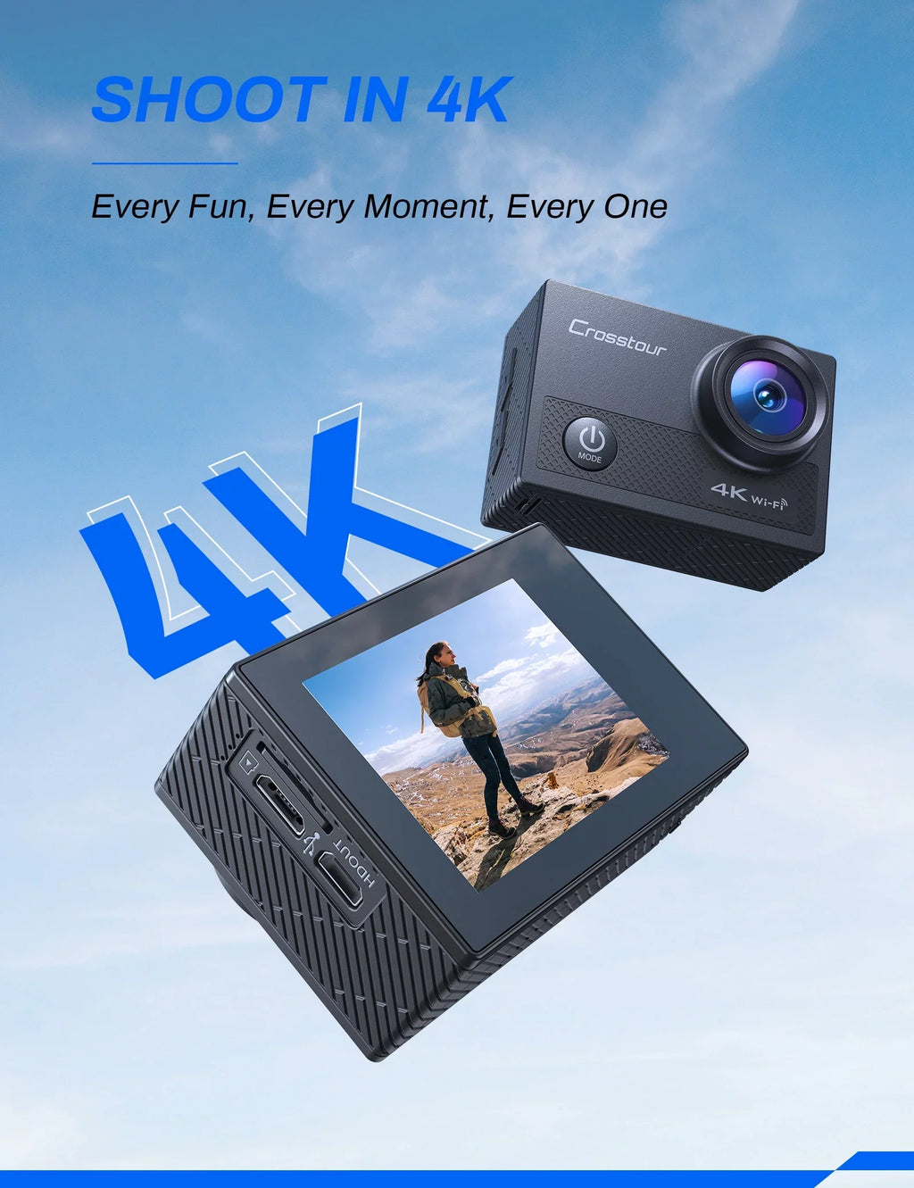 Crosstour Sports & Action Camera 4K/25FPS/ 16MP CT9000 WiFi 40M Underwater with Remote Control IP68